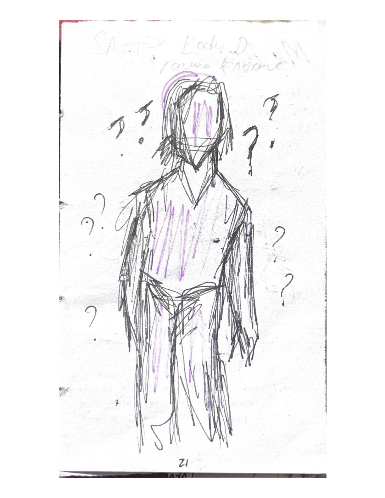 Drawing of a person with question marks around them.
    